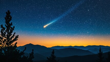 A glowing comet streaking across a star-filled night sky above a quiet mountain range with silhouettes of trees