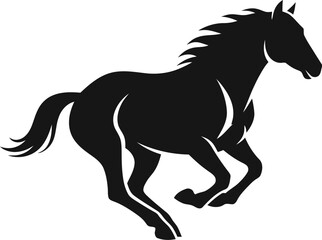 Elegant black horse silhouette galloping dynamically across white space