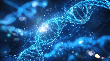 A glowing digital representation of a DNA strand with highlighted gene sequences floating in a futuristic blue lab environment