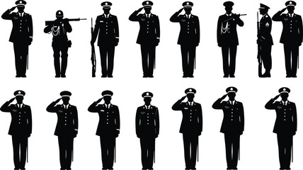 Military silhouette, soldier salute, army personnel, tactical gear, rifle pose, uniformed figures, defense force, armed service, ceremonial stance, tribute