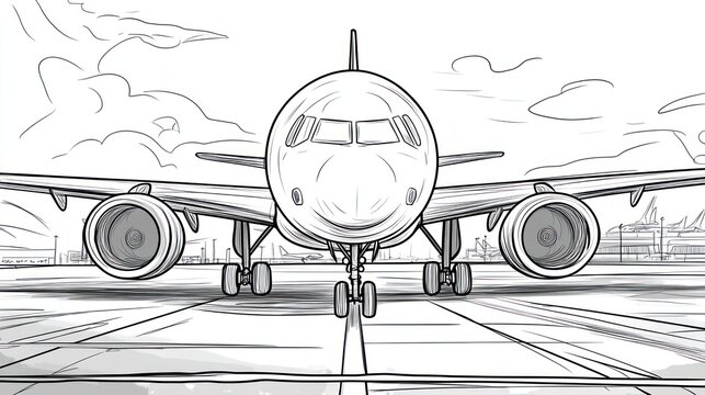 Airplane front view on the runway with cloudy sky, aircraft ready for takeoff, travel concept