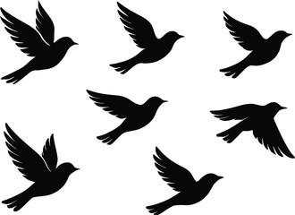 Obraz premium Bird Silhouettes in Flight – Minimalist Black Vector Set Depicting Dynamic Wing Positions and Aerial Motion – Nature, Wildlife, and Design Elements