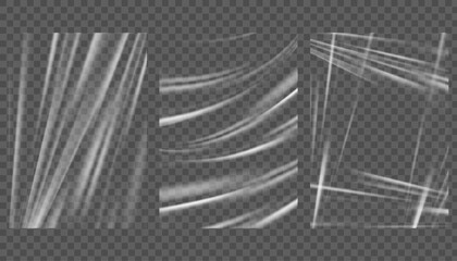 Wrapped plastic film with clear transparent effect. Textured vinyl foil background with wrinkles. Vector pvc warped material for poster and banner design. Glued adhesive template