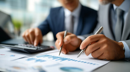 Tax planning and accounting: Accounting professionals highlighting tax calculations with financial tools payroll reports analysis corporate financial management systems economic