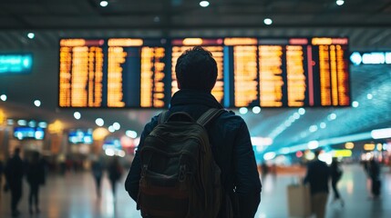 A nighttime airport scene with a traveler staring at a flight information board looking disoriented