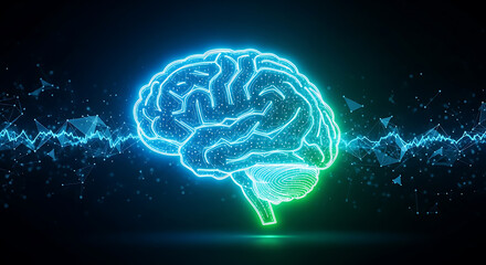 Glowing neon human brain with digital sound waves represents mind power and intelligence