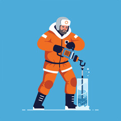 Person in orange gear drills ice for research or an activity