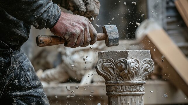 A dynamic action shot capturing the moment a hammer hits a chisel carving intricate details in stone