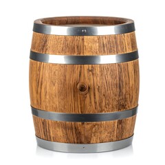 Obraz premium Wooden barrel with metal bands, isolated on white background
