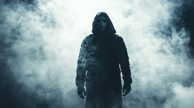 A fearsome masked figure emerges from heavy fog in a suspenseful horror setting with dramatic shadows and eerie lighting