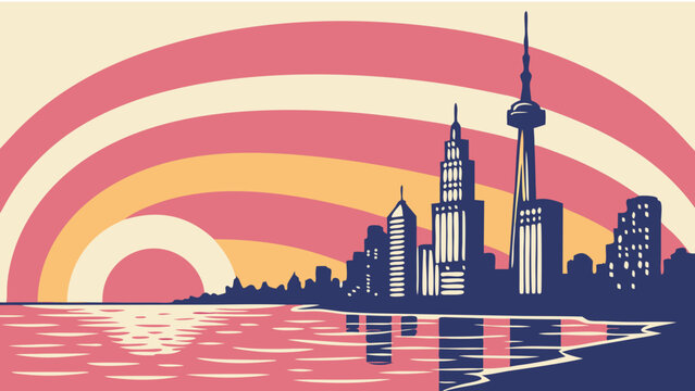 San diego skyline with a retro sun setting, mirroring torontos style, perfect for travel websites, skyline posters, and citythemed designs.