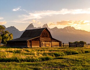 Wooden barn, field and mountains at sunset, a beautiful landscape