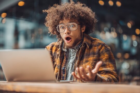 Happy university student in coffee shop expressing excitement about scholarship, win, or business success online.