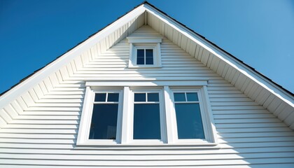 White vinyl siding covers house exterior. Gable end has three windows and attic window. Bright blue sky is background. Clean modern home details.