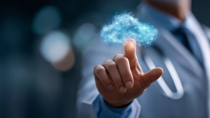 Healthcare cloud computing: Doctor utilizing cloud technology for medical data management digital health records security secure cloud storage solutions telemedicine