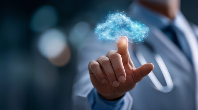 Healthcare cloud computing: Doctor utilizing cloud technology for medical data management digital health records security secure cloud storage solutions telemedicine