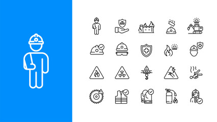 Fototapeta premium Work safety and industrial injury prevention icon set. Collection of thin line icons including protective gear, hazard signs, fire safety, construction equipment, and emergency symbols.