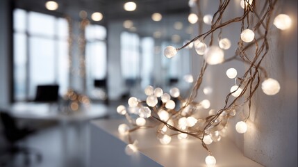 Soft glowing string lights create a cozy ambiance in a modern workspace during early evening