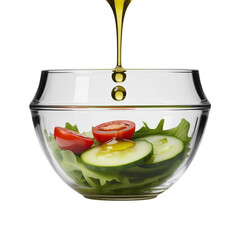Minimalist transparent glass bowl with fresh green salad, cherry tomatoes, cucumber slices, and olive oil drops, isolated PNG background