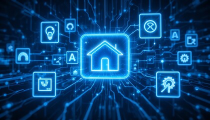 Futuristic digital network interface illustrating interconnected smart home technology and
