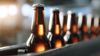 Bottles of beer being filled on a production line during daylight in a brewery setting