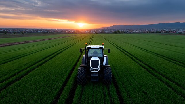 Aerial view of a tractor plowing a vast, lush green agricultural field during a vibrant sunset landscape - Powered by Adobe