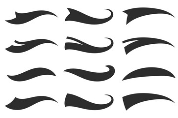 Swoosh baseball font tails. Vector underline text elements for sport logo. Swash vintage lines. Calligraphic wavy shapes. Swirl ribbons for decoration design.