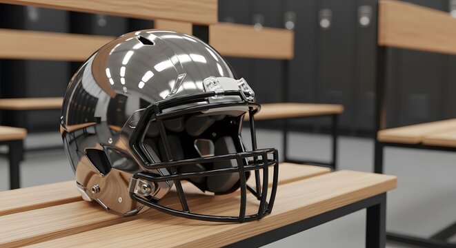 A sleek, reflective silver american football helmet rests on a wooden bench in a locker room