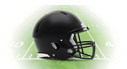 Fototapeta premium A black american football helmet isolated on a white background with a blurred football field