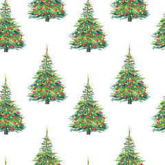 Obraz premium seamless pattern with a Christmas tree decorated with red and yellow balls, watercolor illustration for tableware, textiles, and packaging