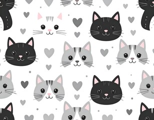 Repeating pattern of adorable cat faces and gray hearts