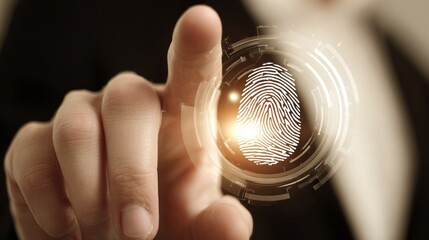 Finger touching digital fingerprint scanner for secure identity verification in technology-focused environment