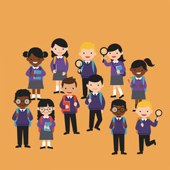 Diverse group of cartoon school children with backpacks, books, and magnifying glasses