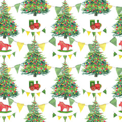Christmas seamless pattern with wooden toys, a train, a rocking horse, and a decorated Christmas tree, watercolor illustration for textiles, kitchens, dishes, and gift packaging