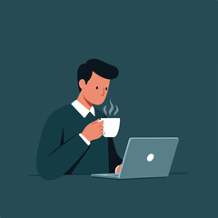 Man in dark blue sweater and white collar shirt drinks coffee near laptop
