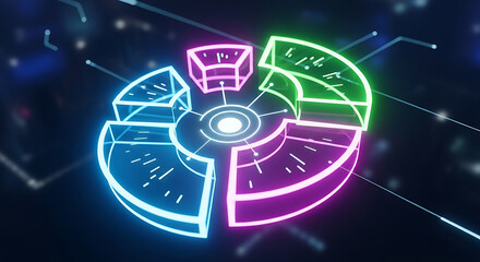 Abstract glowing neon circle chart divided into four sections with futuristic technology elements