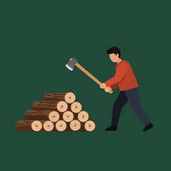 A person chops wood with an axe next to a stack of logs