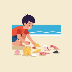 Young boy on a sandy beach collecting colorful seashells by the blue ocean