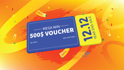 12.12 year-end sale banner with $500 voucher promotion on a bright orange background. Perfect for e-commerce, online shopping, discount, and festive marketing campaigns.