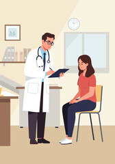 Obraz premium A male doctor in a white coat consults with a female patient sitting in a medical office.