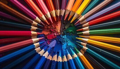 Colorful Pencils Arranged in a Circle - A Vibrant Artistic Display.