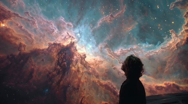 Cinematic shot of a female astronomer silhouetted in a dark observatory, gazing at a glowing screen showing a vivid, detailed nebula &mdash; awe and wonder illuminated by starlight.