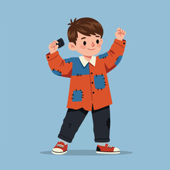 Cheerful young boy holding a microphone, raising fist, wearing patched clothing