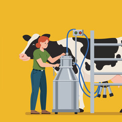 Person milking a cow with automated equipment on a farm