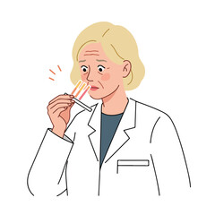 Scientist examines colorful strips, conveying concern