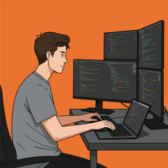 Man focused on coding on multiple monitors