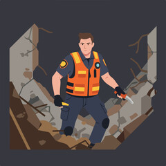 Rescuer with tools surveys damaged building rubble