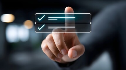 A human hand reaching out to interact with a futuristic digital checklist or approval interface displayed on a sleek, modern technological device screen.