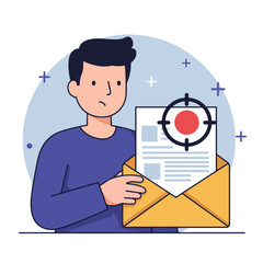 Worried man holding an envelope with a document under a target