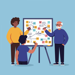 Three diverse individuals collaborate on a whiteboard, mapping out ideas and strategies